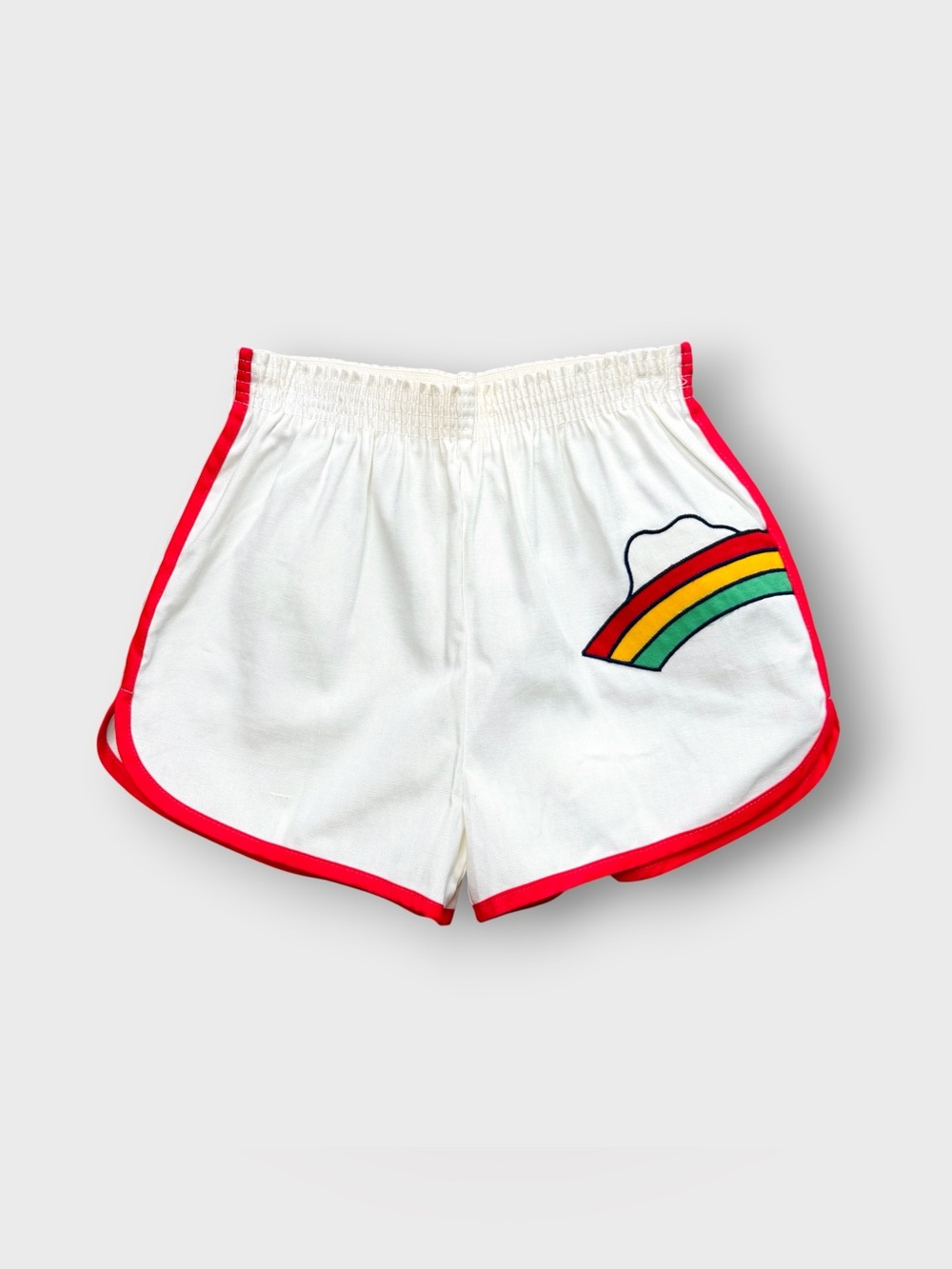Vintage 80s Rainbow Cloud Running Shorts, Embroidered Stripe, adidas Cotton S